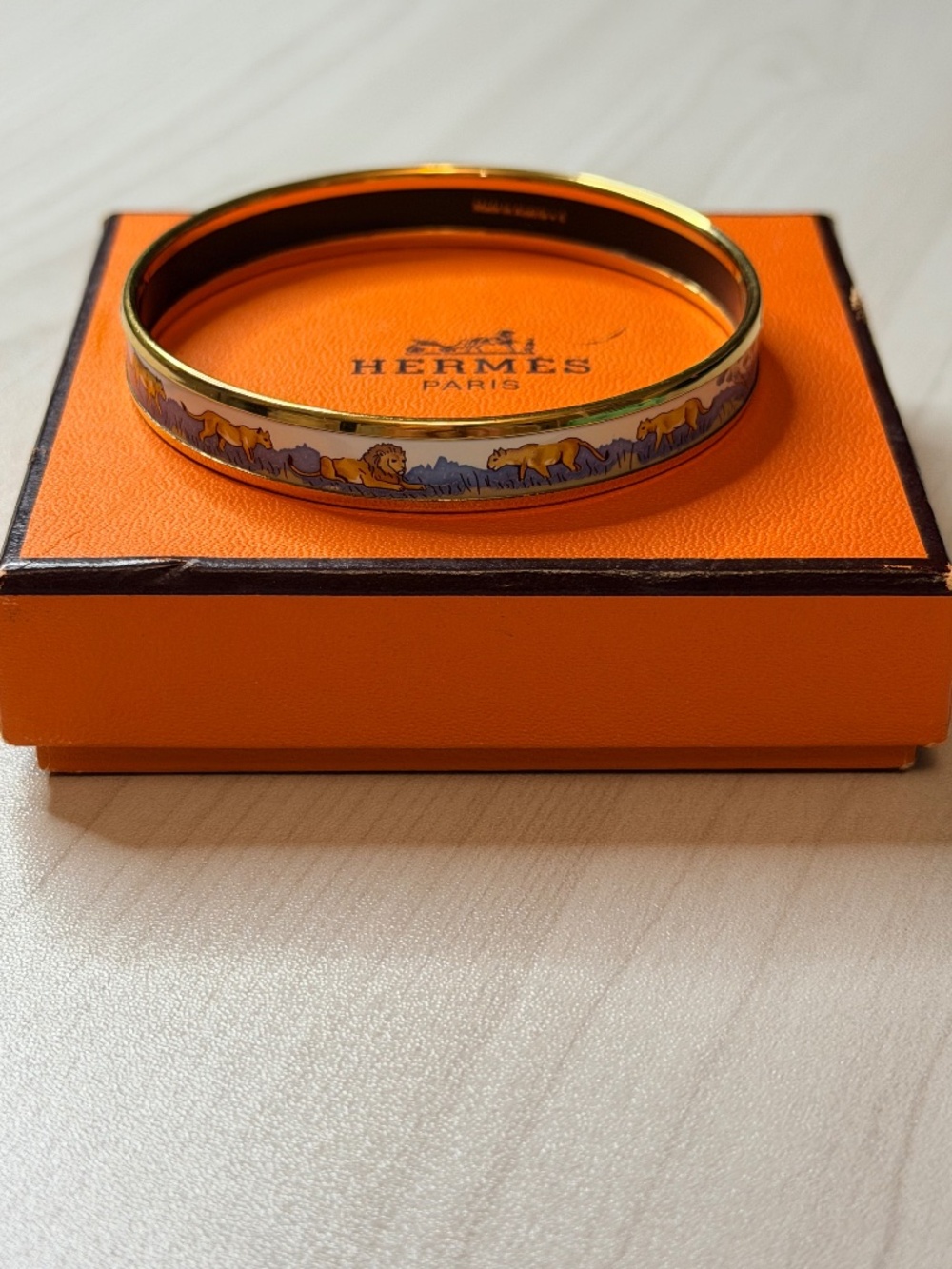 Hermes Enamel Bangle Lion Safari Animal Motif 65mm Gold Tone Bracelet Authentic